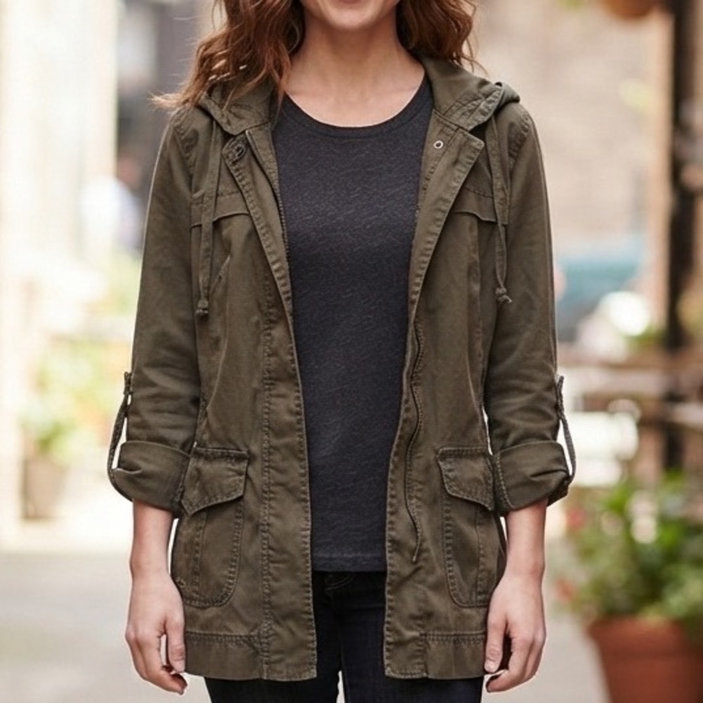 Converse One Star Womens Olive Green Utility Field Jacket Hooded Parka Size S